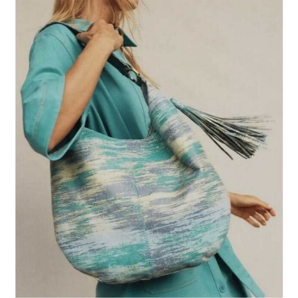 HOBO Gardner Cracked Glass Blue Soft Genuine Leather Slouchy Tassel Large Bag